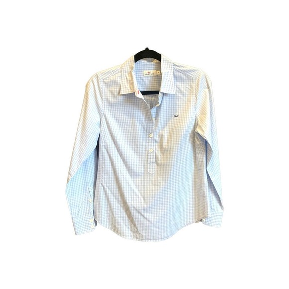Vineyard Vines Tops - Vineyard Vines Ladies Blue White Gingham Half Button Down Long Sleeve Oxford